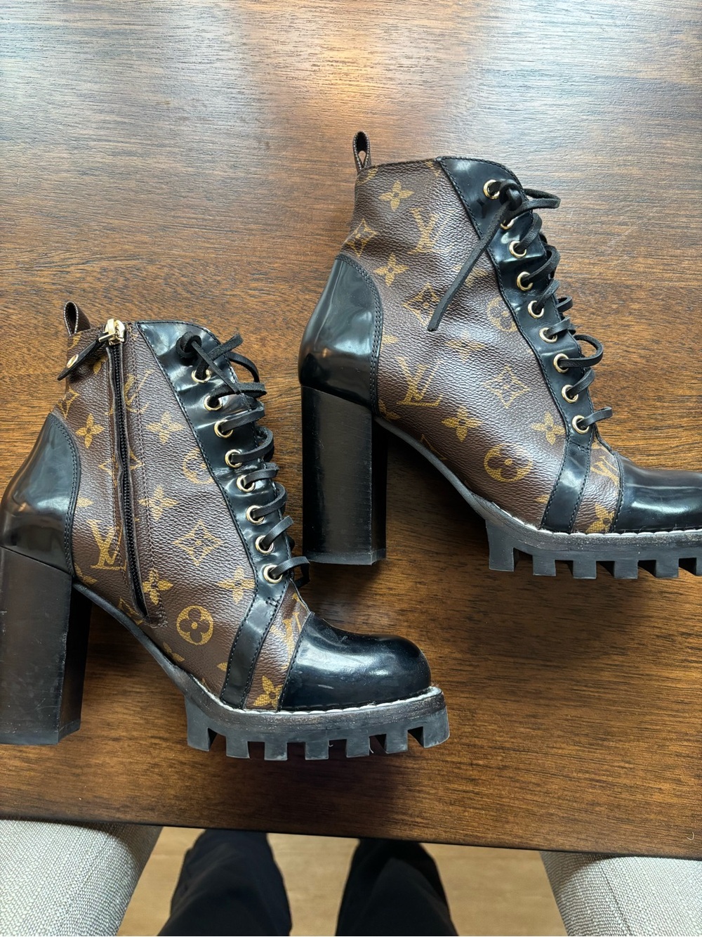 Louis Vuitton Brown and Black Monogram Lug-Heel Ankle Boots